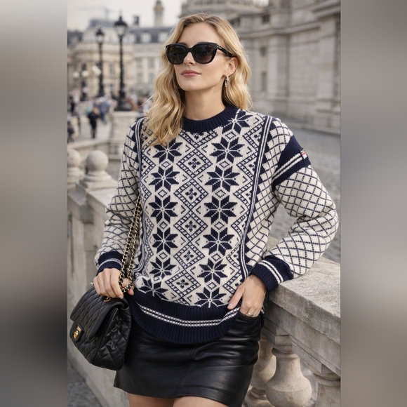 DALE OF NORWAY Wool Sweater Nordic Fair Isle Vintage Knit Navy Blue Cream L 44 - Picture 8 of 9